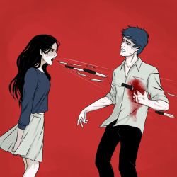 Rule 34 | 1boy, 1girl, alena sofronova, angry, arms at sides, black eyes, black hair, black pants, blood, blood on clothes, blood on face, blue hair, blue sweater, breasts, closed mouth, collarbone, collared shirt, commentary, cuts, d:, feet out of frame, hurt, injury, knife, long hair, long sleeves, meme, open mouth, original, pants, profile, pun, razor blade, red background, russian commentary, samoye strashnoye oruzhiye, shaded face, shirt, short hair, short sleeves, shouting, simple background, skirt, small breasts, stab, standing, sweater, swept bangs, tears, thick eyebrows, too literal, wavy hair, wind
