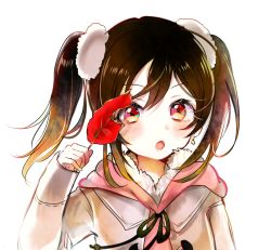 Rule 34 | 1girl, 299 (horisso), :o, autumn, autumn leaves, beige coat, black hair, blush, coat, commentary request, drawstring, earrings, fur-trimmed coat, fur trim, hair ornament, highres, holding, holding leaf, jewelry, leaf, long sleeves, looking at viewer, love live!, love live! school idol project, red eyes, solo, twintails, upper body, winter clothes, yazawa nico