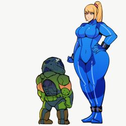 Rule 34 | 1boy, 1girl, animated, animated gif, anklet, armor, blonde hair, blue bodysuit, bodysuit, bracelet, breasts, cdlum, covered navel, crossover, curvy, doom (2016), doom (game), doom (series), doomguy, hand on own hip, height difference, helmet, highres, jewelry, large breasts, long hair, looking at another, looking down, metroid, nintendo, ponytail, samus aran, smile, taller female, thick thighs, thighs, white background, wide hips, zero suit