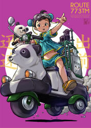 Rule 34 | 1girl, ahoge, black eyes, black hair, blue shirt, blush, bun cover, child, chinese clothes, commentary, double bun, english commentary, goggles, goggles on head, hair bun, highres, looking at viewer, mandarin collar, moped, motor vehicle, nanami tomorou, navel, open mouth, original, panda, purple background, riding, shirt, shoes, shorts, smoke, solo, symbol-only commentary