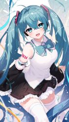 Rule 34 | 1girl, absurdres, aqua eyes, aqua hair, bare shoulders, bow, bowtie, detached sleeves, hatsune miku, highres, looking at viewer, open mouth, smile, solo, twintails, tyazakura sayu, vocaloid