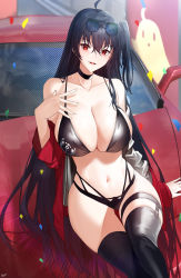Rule 34 | 1girl, ahoge, arm support, artist name, azur lane, bare shoulders, bikini, black bikini, black choker, black hair, black thighhighs, blush, breasts, bridal garter, car, choker, cleavage, collarbone, commentary, confetti, cowboy shot, crossed bangs, day, eyewear on head, gluteal fold, hair between eyes, hand on own chest, highleg, highleg bikini, highres, jacket, large breasts, lens flare, long hair, looking at viewer, manjuu (azur lane), motor vehicle, multi-strapped bikini bottom, multiple straps, navel, off shoulder, official alternate costume, one side up, outdoors, parted lips, race queen, race vehicle, racecar, raitho, red eyes, red jacket, sidelocks, sitting, skindentation, smile, solo, stomach, sunglasses, swimsuit, swimsuit cover-up, taihou (azur lane), taihou (enraptured companion) (azur lane), teeth, thigh strap, thighhighs, upper teeth only, very long hair