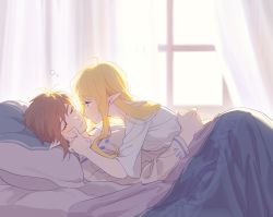 Rule 34 | 1boy, 1girl, backlighting, bed, blonde hair, blue eyes, brown hair, closed eyes, closed mouth, commentary request, day, dress, hair between eyes, hand on another&#039;s face, hand on another&#039;s hip, highres, indoors, link, long hair, long sleeves, looking at another, lying, lying on person, nintendo, pillow, pointy ears, princess zelda, shikiri, shirt, short hair, sidelocks, sleeping, sunlight, teeth, the legend of zelda, the legend of zelda: skyward sword, white background, white dress, white shirt, window