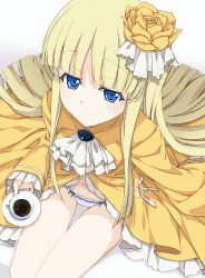Rule 34 | 10s, 1girl, asteria lizamarie de roschefall, blonde hair, blue eyes, cup, dress, drink, flower, frills, from above, hair flower, hair ornament, jewelry, light smile, long hair, looking at viewer, looking up, open clothes, open dress, panties, rinne no lagrange, saipaco, sitting, solo, teacup, thighs, underwear, white background, yellow dress
