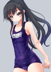 Rule 34 | 1girl, absurdres, alternate hairstyle, asashio (kancolle), black hair, blue eyes, blue one-piece swimsuit, breasts, clip studio paint (medium), commentary request, cowboy shot, grey background, highres, kantai collection, long hair, looking at viewer, makura (y makura), name tag, one-piece swimsuit, ponytail, school swimsuit, simple background, small breasts, solo, swimsuit