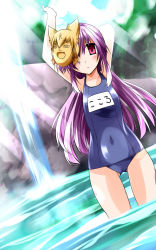 Rule 34 | 1girl, armpits, arms up, covered navel, hata no kokoro, hemogurobin a1c, highres, light purple hair, long hair, looking at viewer, mask, new mask of hope, one-piece swimsuit, pink eyes, school swimsuit, shiny clothes, solo, swimsuit, touhou, water, waterfall