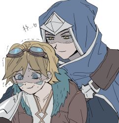 Rule 34 | 2boys, blonde hair, blue cape, brown eyes, brown jacket, cape, collarbone, ezreal, fur-trimmed jacket, fur trim, goggles, goggles on head, heart, highres, hood, hooded cape, jacket, kkuppegi, league of legends, looking at another, male focus, multiple boys, open clothes, open jacket, shirt, short hair, simple background, sparkle, sweat, talon (league of legends), teeth, translation request, trembling, white background, white shirt