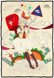 Rule 34 | 1girl, alternate costume, alternate hair color, bow, colorized, dress, envelope, closed eyes, fujikawa kouta, grey hair, hair ribbon, hands on own chest, kagamine rin, kneehighs, open mouth, postbox, ribbon, sailor collar, sailor dress, short hair, socks, solo, studio red bear, surreal, vocaloid