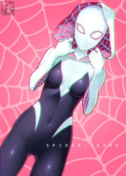 Rule 34 | 1girl, animification, black bodysuit, bodysuit, breasts, chromatic aberration, commentary request, covered navel, cowboy shot, dutch angle, glowing, glowing eyes, gluteal fold, gwen stacy, hands up, highres, holding, hood, hood up, hooded bodysuit, looking at viewer, marvel, mask, medium breasts, multicolored bodysuit, multicolored clothes, pairan, photoshop (medium), pink background, shiny clothes, silk, skin tight, solo, spider-gwen, spider-man: into the spider-verse, spider-man (series), spider-verse, spider web, spider web background, spider web print, standing, superhero costume, white bodysuit