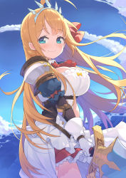 Rule 34 | 1girl, absurdres, ahoge, blue eyes, braid, breasts, cleavage, cloud, cowboy shot, dress, food, food on face, gloves, hair ornament, hair ribbon, highres, holding, holding weapon, large breasts, long hair, looking at viewer, mountain, orange hair, pecorine (princess connect!), princess connect!, puffy sleeves, red ribbon, ribbon, rice, shoulder guard, sky, smile, solo, sword, tam-u, tiara, v arms, very long hair, weapon, white dress