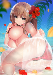 Rule 34 | 1girl, ass, bikini, breasts, brown hair, closed mouth, flower, hair flower, hair ornament, hibiscus, highres, large breasts, long hair, looking at viewer, lying, machimura komori, on side, original, outdoors, partially submerged, polka dot, polka dot bikini, red bikini, see-through, shiny skin, sky, smile, solo, swimsuit, underboob, water, wet, wet clothes, yellow eyes