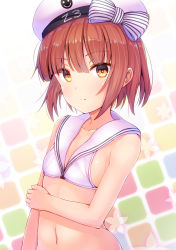 Rule 34 | 1girl, bare shoulders, bikini, blunt bangs, blush, bow, bright pupils, brown eyes, character name, closed mouth, clothes writing, cloud, collarbone, expressive clothes, gradient background, hand on own arm, hat, hat bow, highres, kantai collection, looking at viewer, minarai shachou, multicolored background, multicolored eyes, navel, orange eyes, sailor bikini, sailor collar, sailor hat, shiny skin, short hair, solo, stomach, striped, striped bow, swimsuit, upper body, white bikini, white hat, white sailor collar, yellow eyes, z3 max schultz (kancolle)