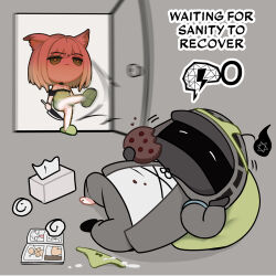 Rule 34 | 1girl, 1koma, 1other, after masturbation, ambiguous gender, animal ear fluff, animal ears, arknights, bare legs, bean bag chair, black coat, black jacket, cat ears, cat girl, chibi, coat, comic, commentary, cookie, cum, doctor (arknights), door, dress, eating, english commentary, english text, food, gameplay mechanics, green dress, green eyes, green panties, grey hair, helm, helmet, highres, holding, holding knife, hood, hood up, hooded coat, hooded jacket, jacket, kal&#039;tsit (arknights), kicking, kinohara kossuta, knife, manga (object), object on head, off-shoulder dress, off shoulder, panties, panties on head, short hair, slippers, tissue, tissue box, underwear, used tissue