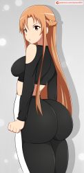 Rule 34 | 1girl, absurdres, artist name, ass, asuna (sao), breasts, brown eyes, brown hair, crop top, female focus, from behind, grey background, highres, huge ass, long hair, long sleeves, looking at viewer, medium breasts, pants, pout, simple background, solo, sword art online, yoga pants, zonen404