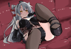 Rule 34 | 10s, 1girl, amatsukaze (kancolle), black gloves, black panties, black thighhighs, bondage outfit, breasts, bustier, dominatrix, elbow gloves, female focus, femdom, garter belt, gin (shioyude), gloves, kantai collection, lingerie, long hair, looking at viewer, lying, on back, panties, riding crop, silver hair, smile, solo, thighhighs, two side up, underwear, very long hair, whip, yellow eyes