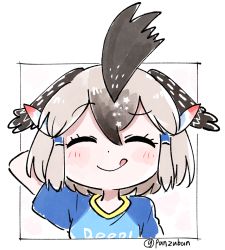 Rule 34 | 1girl, :q, ^ ^, arm behind head, artist name, black hair, chibi, closed eyes, clothes writing, commentary request, facing viewer, feather hair ornament, feathers, framed, greater roadrunner (kemono friends), grey hair, hair between eyes, hair ornament, head wings, highres, kemono friends, kemono friends 2, mismatched eyebrows, outside border, panzuban, raglan sleeves, shirt, short hair, simple background, smile, solo, t-shirt, tongue, tongue out, twitter username, white background, wings