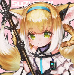 Rule 34 | 1girl, absurdres, animal ears, arknights, bare shoulders, black gloves, blue hairband, braid, braided hair rings, character name, chinese commentary, closed mouth, colored tips, commentary request, earpiece, fox ears, fox girl, fox tail, gloves, green eyes, hairband, highres, holding, holding staff, infection monitor (arknights), kitsune, kyuubi, looking at viewer, multicolored hair, multiple tails, pink background, short hair, solo, staff, suzuran (arknights), tail, twin braids, upper body, uptwo, white hair