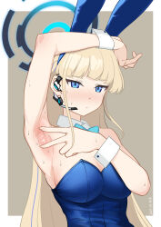 Rule 34 | 1girl, absurdres, animal ear hairband, aqua bow, aqua bowtie, arm on own head, arm over head, arm up, armpits, blonde hair, blue archive, blue eyes, blunt bangs, blush, border, bow, bowtie, breasts, brown background, cleavage, collar, commentary, cuffs, detached collar, earpiece, halo, highres, large breasts, leotard, looking at viewer, playboy bunny, presenting armpit, rabbit ear hairband, rabbit ears, recet, signature, simple background, solo, sweat, toki (blue archive), toki (bunny) (blue archive), upper body, v, white border, white wrist cuffs, wrist cuffs