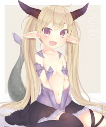 Rule 34 | 10s, 1girl, :d, artist name, asymmetrical legwear, bad id, bad pixiv id, between legs, black skirt, black thighhighs, blush, breasts, brown background, collarbone, commentary request, dragon girl, dragon horns, dragon tail, fang, frilled skirt, frills, hair between eyes, hand between legs, highres, horns, isekai maou to shoukan shoujo no dorei majutsu, krebskulm, light brown hair, long hair, looking at viewer, monster girl, navel, open mouth, pointy ears, red eyes, revealing clothes, single thighhigh, sitting, skirt, small breasts, smile, solo, tail, tail raised, thighhighs, twintails, two-tone background, uneven legwear, usagimiko, very long hair, wariza, white background