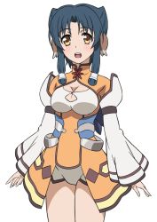 Rule 34 | 1girl, ainu clothes, animal ears, aquaplus, atuy, bare legs, blue hair, blush, breasts, cleavage, cleavage cutout, clothing cutout, cowboy shot, dress, gradient eyes, hair over shoulder, highres, large breasts, legs together, long sleeves, looking at viewer, multicolored eyes, nakata masahiko, official art, open mouth, orange eyes, parted bangs, raised eyebrows, short hair with long locks, short shorts, shorts, sidelocks, solo, standing, teeth, thighs, thighs together, tongue, transparent background, utawarerumono, utawarerumono: futari no hakuoro, utawarerumono: itsuwari no kamen, white fox (company), wide sleeves