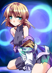 Rule 34 | 1girl, aqua eyes, bare shoulders, blonde hair, crescent, crescent hair ornament, green eyes, hair ornament, hemogurobin a1c, long pointy ears, looking at viewer, mizuhashi parsee, off shoulder, pointy ears, short hair, sitting, skirt, solo, touhou, wariza