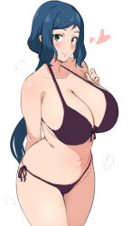 Rule 34 | 1girl, arm behind back, bikini, black bikini, blue eyes, blue hair, blush, breasts, commentary request, gundam, gundam build fighters, halterneck, heart, highres, huge breasts, iori rinko, long hair, looking at viewer, mhs, mature female, mole, mole on stomach, ponytail, side-tie bikini bottom, simple background, smile, solo, swimsuit, very long hair, white background