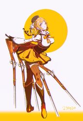 Rule 34 | 1girl, arms behind back, black hat, blonde hair, curly hair, full body, gun, hat, haun, mahou shoujo madoka magica, one eye closed, rifle, smile, standing, striped clothes, striped thighhighs, thighhighs, tomoe mami, vertical-striped clothes, vertical-striped thighhighs, weapon