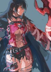 Rule 34 | 1girl, 2019, bandaged arm, bandages, belt, black cape, black choker, black hair, blue background, breasts, cape, center opening, choker, claws, closed mouth, commentary, garmmy, long hair, navel, shorts, solo, tales of (series), tales of berseria, thighhighs, torn cape, torn clothes, torn shorts, torn thighhighs, underboob, velvet crowe, yellow eyes