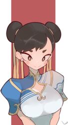 Rule 34 | 1girl, akisas99, black hair, blue dress, blush, breasts, capcom, china dress, chinese clothes, chun-li, cleavage, cleavage cutout, clothing cutout, collared dress, double bun, dress, earrings, gold trim, hair bun, hair ribbon, highres, jewelry, large breasts, makeup, multicolored background, official alternate costume, official alternate hairstyle, orange eyes, print dress, red background, ribbon, short sleeves, simple background, smile, solo, street fighter, street fighter 6, thick eyebrows, two-tone dress, white background, white dress
