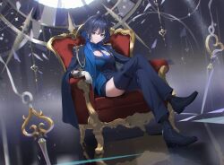 Rule 34 | 1girl, black hair, blue eyes, blue hair, blue necktie, blue shirt, blush, bow, breasts, coat, coat on shoulders, colored inner hair, crossed legs, earrings, gloves, hair intakes, hair ornament, highres, hololive, hololive english, jewelry, large breasts, long hair, looking at viewer, military uniform, multicolored hair, necktie, official alternate costume, official alternate hairstyle, ouro kronii, ouro kronii (4th costume), shirt, short hair, sitting, smile, solo, uniform, virtual youtuber, white gloves, wolf cut, yd (orange maru)