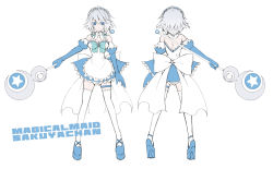 Rule 34 | 1girl, apron, bare shoulders, blue eyes, bow, braid, breasts, character name, character sheet, cleavage, concept art, elbow gloves, english text, female focus, frills, gloves, hair bow, high heels, izayoi sakuya, legs, magical girl, maid, maid apron, maid headdress, medium breasts, moon, multiple views, nejikirio, ribbon, shoes, short hair, simple background, star (symbol), thigh strap, thighhighs, touhou, turnaround, twin braids, wand, white hair, white thighhighs, wing collar, zettai ryouiki