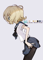 Rule 34 | 1girl, amiami, antenna hair, blonde hair, blue eyes, blue neckwear, blue skirt, closed mouth, color guide, dated, grey background, hair over one eye, highres, original, pantyhose, school uniform, short hair, simple background, skirt, smile, solo, uniform