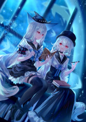 Rule 34 | 2girls, :d, absurdres, arknights, black choker, black headwear, black sailor collar, blue bow, blue nails, book, bow, choker, commentary, commentary request, hair between eyes, highres, holding, holding book, holding pen, long hair, looking at another, multiple girls, nail polish, open mouth, pen, red eyes, sailor collar, sheya, shirt, short sleeves, silver hair, skadi (arknights), smile, specter (arknights), symbol-only commentary, very long hair, white shirt