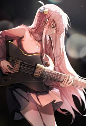 Rule 34 | 1girl, bocchi the rock!, canis428, commentary, expressionless, facing down, floating hair, gotoh hitori, guitar, cube hair ornament, hair ornament, highres, instrument, jacket, long hair, music, one side up, pink hair, pink jacket, playing instrument, pleated skirt, profile, skirt, solo, track jacket, very long hair, wind, wind lift
