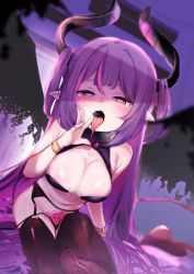 Rule 34 | 1girl, blush, bracelet, breasts, brown thighhighs, cleavage, demon girl, demon tail, fishnet thighhighs, fishnets, half-closed eyes, highres, horns, jewelry, large breasts, long hair, looking at viewer, open mouth, original, pubic tattoo, purple hair, red eyes, solo, tail, tattoo, thighhighs, tongue, tongue out, two side up, utsusumi kio, very long hair, wings