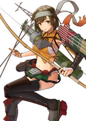 Rule 34 | 1girl, adapted costume, black thighhighs, blush, bow (weapon), breasts, brown eyes, brown gloves, brown hair, commission, flight deck, gloves, headband, highres, hiryuu (kancolle), hiryuu kai ni (kancolle), holding, holding bow (weapon), holding weapon, kantai collection, large breasts, one side up, open mouth, partially fingerless gloves, partly fingerless gloves, rudder footwear, short hair, simple background, skeb commission, solo, tantaka, thighhighs, weapon, white background, yugake, yumi (bow)