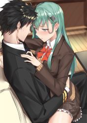 Rule 34 | 1boy, 1girl, :o, admiral (kancolle), aqua eyes, aqua hair, bad id, bad twitter id, black hair, black jacket, blue neckwear, blurry, blurry background, blush, bow, bowtie, breasts, brown jacket, brown skirt, business suit, cardigan, collared shirt, couch, couple, dress shirt, eye contact, face-to-face, formal, frilled skirt, frills, from above, hair between eyes, hair ornament, hairclip, half-closed eyes, hand up, hetero, hug, imminent penetration, indoors, jacket, kantai collection, large breasts, long hair, long sleeves, looking at another, military, military uniform, neck, necktie, open clothes, open jacket, pallad, petticoat, pleated skirt, red neckwear, shirt, short hair, sitting, skirt, spiked hair, straddling, suit, suzuya (kancolle), sweatdrop, table, uniform, white shirt