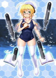 Rule 34 | 10s, 1girl, ayato, bad id, bad pixiv id, blonde hair, book, breasts, bubble, full body, glasses, green eyes, hat, highres, i-8 (kancolle), kantai collection, large breasts, long hair, one-piece swimsuit, open mouth, personification, school swimsuit, solo, swimsuit, thighhighs, torpedo, twintails, white thighhighs