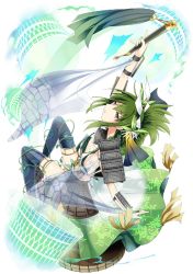 Rule 34 | 1girl, bodaisan (oshiro project), drum, falling, flat chest, full body, green hair, instrument, kamaboko red, long hair, official art, oshiro project:re, oshiro project:re, purple eyes, sleeveless, solo, taiko drum, thighhighs, torn clothes, torn thighhighs, transparent background