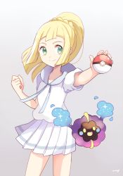 Rule 34 | 1girl, bad id, bad pixiv id, blonde hair, clenched hand, closed mouth, cosmog, cowboy shot, creatures (company), drawstring, floating, foreshortening, game freak, gen 7 pokemon, green eyes, holding, holding poke ball, legendary pokemon, legs apart, lillie (pokemon), long hair, looking at viewer, mei (maysroom), nintendo, outstretched arm, pleated skirt, poke ball, poke ball (basic), pokemon, pokemon (creature), pokemon sm, ponytail, shirt, short sleeves, signature, simple background, skirt, smile, standing, tareme, white shirt, white skirt, yellow eyes