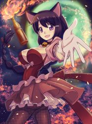 Rule 34 | 1girl, :d, animal ears, artist request, bell, neck bell, black hair, braid, breasts, cat ears, collar, commentary, dress, fire, fishnet pantyhose, fishnets, gloves, hanekawa tsubasa, large breasts, long hair, looking at viewer, magia record: mahou shoujo madoka magica gaiden, magical girl, mahou shoujo madoka magica, molotov cocktail, monogatari (series), open mouth, pantyhose, purple eyes, smile, solo, very long hair