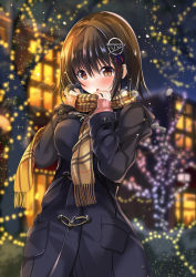 Rule 34 | 1girl, alternate costume, black coat, blurry, blurry background, blush, bokeh, brown eyes, brown scarf, building, coat, commentary request, depth of field, door, duffel coat, fringe trim, haguro (kancolle), hair between eyes, hair ornament, hands up, highres, hood, hood down, kantai collection, long sleeves, looking down, medium hair, open mouth, outdoors, plaid, plaid scarf, pocket, red ribbon, ribbon, round teeth, scarf, silhouette, sleeves past wrists, solo focus, sparkle, sumisuzu, teeth, tree, window