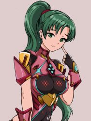 Rule 34 | 1girl, absurdres, breasts, cosplay, fire emblem, fire emblem: the blazing blade, green eyes, green hair, highres, long hair, looking at viewer, lyn (fire emblem), medium breasts, nintendo, ponytail, pyra (xenoblade), pyra (xenoblade) (cosplay), smile, solo, upper body, xenoblade chronicles (series), xenoblade chronicles 2