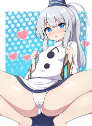 Rule 34 | 1girl, ass, barefoot, blue eyes, blue hat, blush, grey hair, hair between eyes, hat, heart, highres, japanese clothes, kariginu, long hair, looking at viewer, mononobe no futo, no pants, panties, parted lips, pom pom (clothes), rizento, solo, squatting, tate eboshi, thighs, touhou, underwear, white panties
