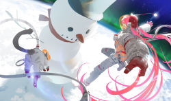Rule 34 | 1girl, absurdly long hair, animal, ass, astronaut, aurora, black hat, blue eyes, cat, clothed animal, giant, gloves, hat, helmet, highres, long hair, open mouth, original, outdoors, outstretched arms, pants, pink hair, red gloves, ryota-h, sky, snowman, solo, space, space helmet, spacesuit, spread arms, star (sky), starry sky, top hat, twintails, very long hair, white pants