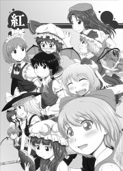 Rule 34 | bat wings, blunt bangs, book, bow, braid, broom, broom riding, cirno, closed eyes, crescent, crescent hat ornament, daiyousei, detached sleeves, fairy wings, fangs, flandre scarlet, frown, greyscale, grin, hair bow, hair tubes, hakurei reimu, hat, hat bow, hat ornament, head wings, highres, hong meiling, ice, ice wings, izayoi sakuya, kirisame marisa, koakuma, maid, maid headdress, mimofu (fullhighkick), mob cap, monochrome, nontraditional miko, one side up, open mouth, outstretched arms, patchouli knowledge, puffy short sleeves, puffy sleeves, reading, remilia scarlet, ribbon-trimmed sleeves, ribbon trim, rumia, short sleeves, smile, touhou, translation request, twin braids, wings, witch hat