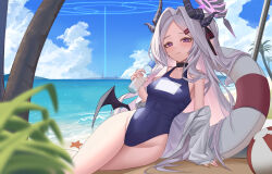 Rule 34 | 1girl, absurdres, beach, blue archive, blue one-piece swimsuit, blue sky, closed mouth, cloud, day, halo, highres, hina (blue archive), hina (swimsuit) (blue archive), horns, long hair, looking at viewer, ocean, official alternate costume, one-piece swimsuit, outdoors, sitting, sky, swimsuit, thighs, toki88909, tree, white hair