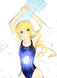 Rule 34 | 1girl, absurdres, artoria pendragon (all), artoria pendragon (fate), bad id, bad pixiv id, blonde hair, competition swimsuit, fate/stay night, fate (series), flower, green eyes, highres, lily (flower), long hair, lying, master-g, official alternate costume, one-piece swimsuit, saber (fate), saber (summer battle clothes) (fate), solo, swimsuit, towel