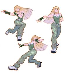 1girl baggy_pants bandaged_hand bandages bare_shoulders blonde_hair blunt_bangs blunt_ends breasts cleavage emilie_de_rochefort fighting_stance full_body green_leotard highres lace-up leotard long_hair medium_breasts merorine multiple_views pants shoes smile sneakers solo strapless strapless_leotard tekken white_background white_footwear