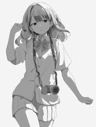 Rule 34 | 1girl, absurdres, bow, bowtie, camera, camera around neck, commentary request, cowboy shot, greyscale, hand in own hair, hand up, highres, long hair, looking at viewer, miniskirt, monochrome, original, pleated skirt, school uniform, shimkarom, short sleeves, skirt, solo, standing, sweater vest